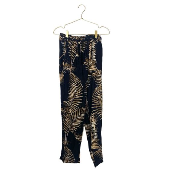 H&M Pants - HM Womens Black Tan Tropical Palm Leaf Paperbag Waist Tapered Pants‎ Size 6